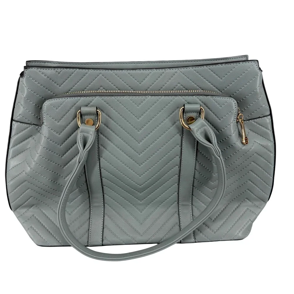 Segolene Paris Blue Grey Chevron Quilted Satchel Handbag Gold Hardware Large